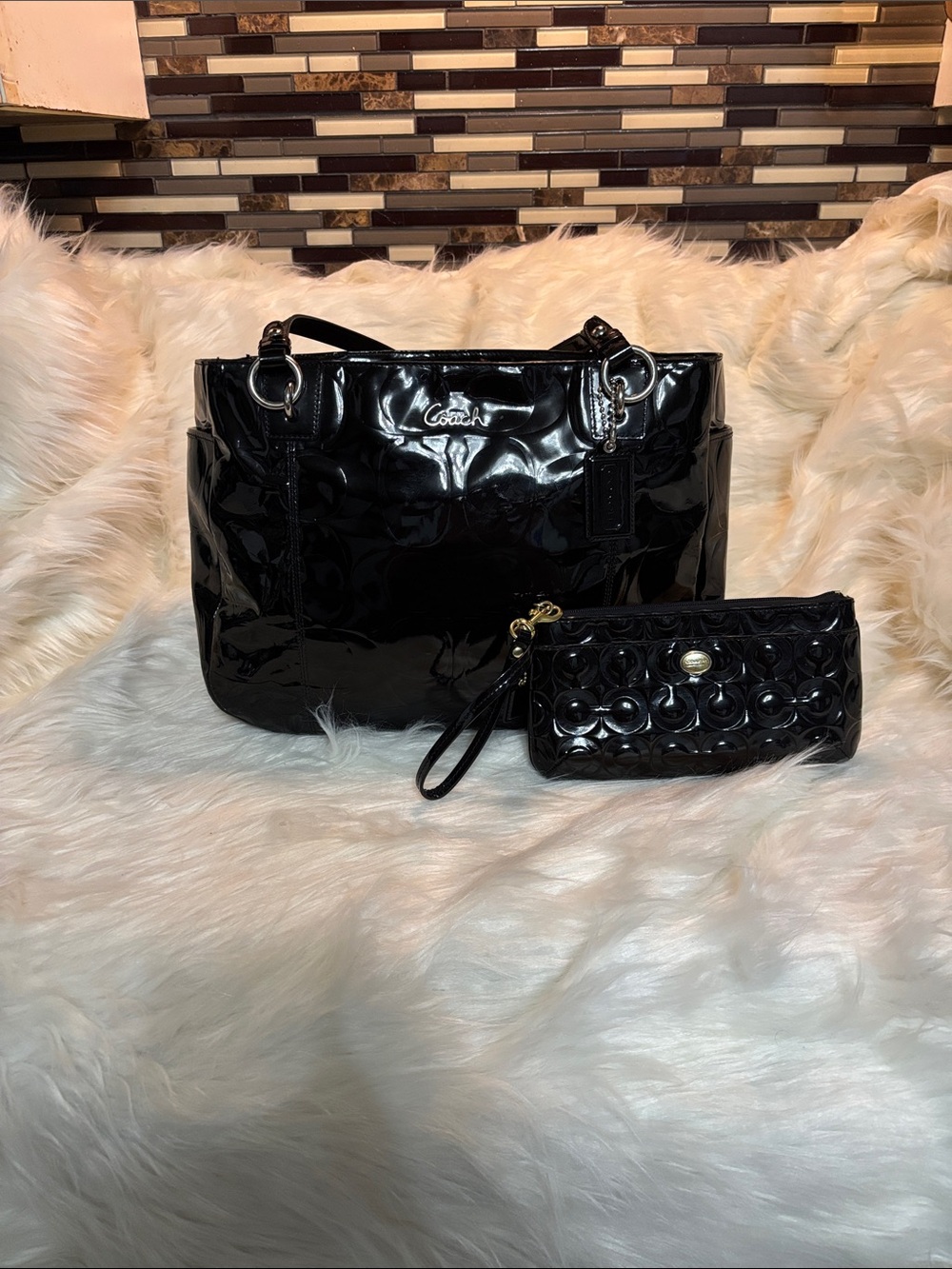 Coach Black Patent Leather Tote with Matching Wristlet